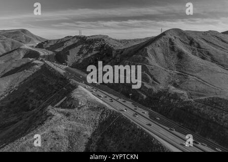 JANUARY 25, 2020 - CAMARILLO, CALIFORNIA, USA - aerial view of green hills overlooking Route 101 in spring Stock Photo