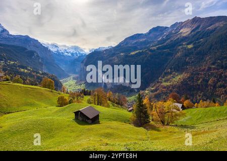 View of Lauterbrunnen valley from Wengen town in autumn. Wengen, Canton of Bern, Switzerland, Europe Stock Photo