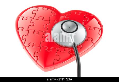 Red Heart with Stethoscope. Diagnosis and treatment of heart concept, 3D rendering  isolated on white background Stock Photo