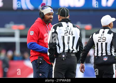 Foxborough, MA, USA. 1st Dec, 2024. MA, USA; New England Patriots head coach Jerod Mayp speaks with an official during the NFL game between Indianapolis Colts and New England Patriots in Foxborough, MA. Anthony Nesmith/CSM/Alamy Live News Stock Photo