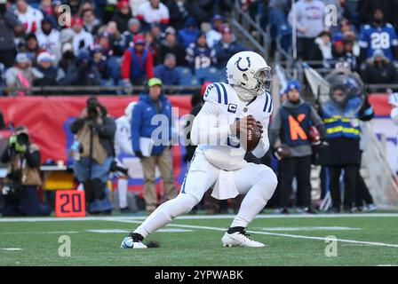 Foxborough, MA, USA. 1st Dec, 2024. MA, USA; Indianapolis Colts quarterback Anthony Richardson (5) in action during the NFL game between Indianapolis Colts and New England Patriots in Foxborough, MA. Anthony Nesmith/CSM/Alamy Live News Stock Photo