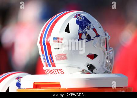 Foxborough, MA, USA. 1st Dec, 2024. MA, USA; General view of a New England Patriots helmets during the NFL game between Indianapolis Colts and New England Patriots in Foxborough, MA. Anthony Nesmith/CSM/Alamy Live News Stock Photo