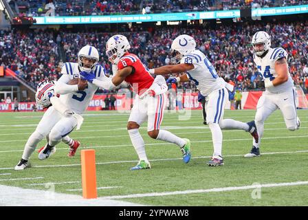 Foxborough, MA, USA. 1st Dec, 2024. MA, USA; Indianapolis Colts quarterback Anthony Richardson (5) runs with the ball during the NFL game between Indianapolis Colts and New England Patriots in Foxborough, MA. Anthony Nesmith/CSM/Alamy Live News Stock Photo