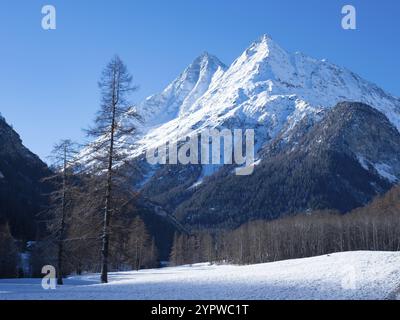 Situation in Val d'Herens, Switzerland, in the morning sunlight: A beautiful snow covered plain surrounded by mountains and forests, Europe Stock Photo