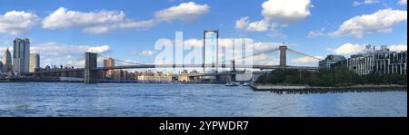 Brooklyn Bridge and Manhattan skyline, New York City downtown. New York City panoramic view of Brooklyn Bridge with Hudson river. October 22nd, 2020 Stock Photo