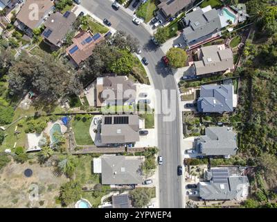 Aerial top view of upper middle class neighborhood street with residential house and swimming pool in San Diego, California, USA, North America Stock Photo