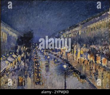 Boulevard Montmartre at Night, Camille Pissarro, 1897, oil on canvas, National Gallery, London, England, Great Britain Stock Photo