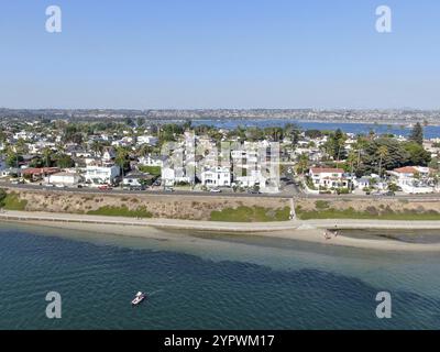 Aerial view of Mission Bay and beaches in San Diego, California. USA. Community built on a sandbar with villas and recreational Mission Bay Park. Cali Stock Photo