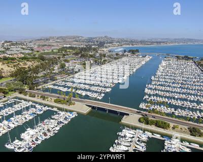 Aerial view of Dana Point Harbor and her marina with yacht and sailboat. southern Orange County, California. USA Stock Photo