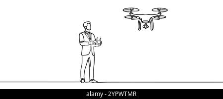 continuous line drawing of a drone camera.one line drawing of a flying drone camera. taking photos and videos from a height. single line vector illust Stock Vector