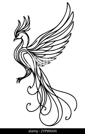 Vector isolated phoenix bird line art drawing. Colorless black and white flying phoenix bird with outstretched wings and long tail graphic tattoo, clo Stock Vector