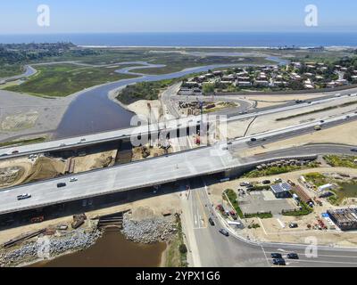 Aerial view of highway bridge construction over small river, San Diego, California, USA, North America Stock Photo