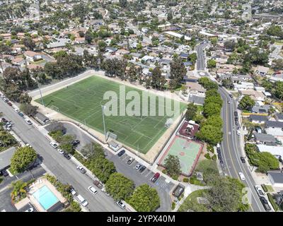 Aerial view of soccer field with houses and communities in Vista, Carlsbad in North County of San Diego, California. USA Stock Photo