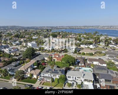 Aerial view of Mission Bay and beaches in San Diego, California. USA. Community built on a sandbar with villas and recreational Mission Bay Park. Cali Stock Photo