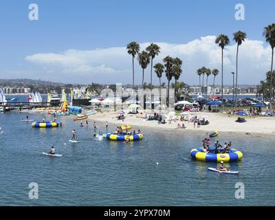 Aerial view of boats and kayaks in Mission Bay water sports zone in San Diego. Famous tourist destination, California. USA. August 22nd, 2022 Stock Photo