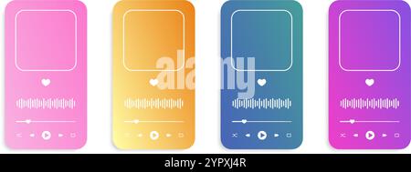Set of colorful audioplayer interface templates with album cover frame, buttons, progress loading bar and equalizer wave. MP3 player menu widgets isolated on white background. Vector illustration. Stock Vector