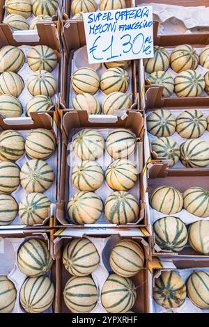 Civitavecchia Italy,Piazza Regina Margherita,Mercato di Civitavecchia,San Lorenzo Market,Mercato Coperto,Mercato della Piazza,close-up,meloni Francesi Stock Photo