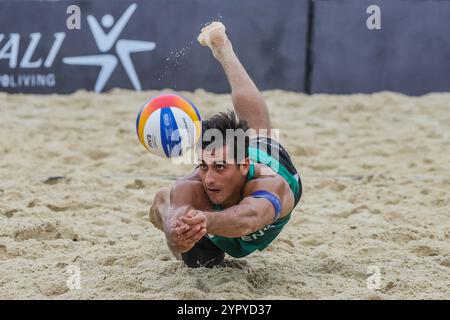 Laguna Province. 1st Dec, 2024. Javier Bello of England tries to save the ball during the Men's 3rd place match between Javier Bello/Joaquin Bello of England and Philipp Waller/Timo Hammarberg of Germany at the 2024 Volleyball World Beach Pro Tour Challenge in Laguna Province, the Philippines on Dec. 1, 2024. Credit: Rouelle Umali/Xinhua/Alamy Live News Stock Photo