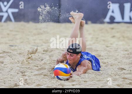 Laguna Province. 1st Dec, 2024. Elmer Andersson of Sweden makes a save during the Men's final between Jacob Holting Nilsson/Elmer Andersson of Sweden and Paul Henning/Tamo Wust of Germany at the 2024 Volleyball World Beach Pro Tour Challenge in Laguna Province, the Philippines on Dec. 1, 2024. Credit: Rouelle Umali/Xinhua/Alamy Live News Stock Photo