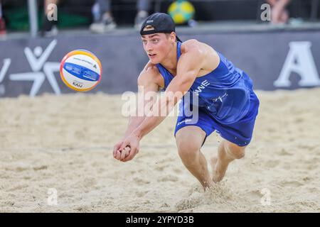 Laguna Province. 1st Dec, 2024. Elmer Andersson of Sweden competes during the Men's final between Jacob Holting Nilsson/Elmer Andersson of Sweden and Paul Henning/Tamo Wust of Germany at the 2024 Volleyball World Beach Pro Tour Challenge in Laguna Province, the Philippines on Dec. 1, 2024. Credit: Rouelle Umali/Xinhua/Alamy Live News Stock Photo