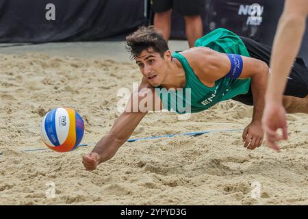 Laguna Province. 1st Dec, 2024. Javier Bello of England tries to save the ball during the Men's 3rd place match between Javier Bello/Joaquin Bello of England and Philipp Waller/Timo Hammarberg of Germany at the 2024 Volleyball World Beach Pro Tour Challenge in Laguna Province, the Philippines on Dec. 1, 2024. Credit: Rouelle Umali/Xinhua/Alamy Live News Stock Photo