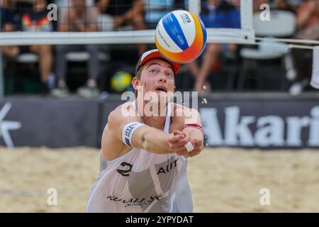 Laguna Province. 1st Dec, 2024. Philipp Waller of Austria competes during the Men's 3rd place match between Javier Bello/Joaquin Bello of England and Philipp Waller/Timo Hammarberg of Germany at the 2024 Volleyball World Beach Pro Tour Challenge in Laguna Province, the Philippines on Dec. 1, 2024. Credit: Rouelle Umali/Xinhua/Alamy Live News Stock Photo