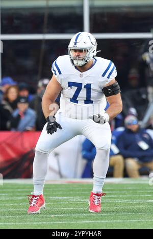 Foxborough, MA, USA. 1st Dec, 2024. MA, USA; Indianapolis Colts offensive tackle Matt Goncalves (71) in action during the NFL game between Indianapolis Colts and New England Patriots in Foxborough, MA. Anthony Nesmith/CSM/Alamy Live News Stock Photo