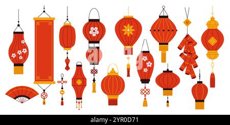 Asian holidays decor flat color vector objects set. Paper lanterns flag fan and firecrackers illustrations bundle on white background Stock Vector