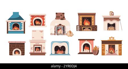 Fireplaces emitting cozy glow ideal for winter season flat color vector objects set. Dancing flames for warmth illustrations bundle on white Stock Vector