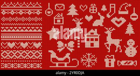 Knitted animals and patterns for Christmas sweaters vector illustrations set on red background. Festive symbols for New Year celebration collection Stock Vector
