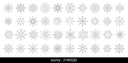 Delicate snowflake shapes representing winter grey linear icons collection. Christmas season festive atmosphere objects set on white Stock Vector