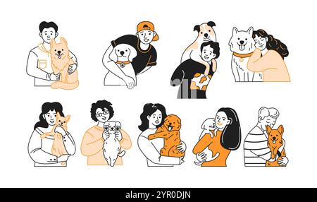 Happy pet owners hugging dogs flat color linear icons collection. People expressing love and tenderness characters set on white background Stock Vector