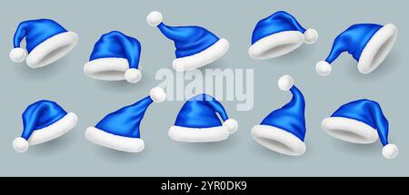 Blue glossy Santa hats with pompoms realistic vector illustration set. Christmas atmosphere accessories 3d models on grey background Stock Vector
