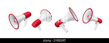 Megaphones with red parts realistic vector illustration set. Modern loudspeakers announcing important news 3d models on white background Stock Vector
