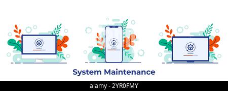 Desktop computer, laptop, smartphone with update screen, System maintenance, update process, install software, operating system, flat vector illustrat Stock Vector