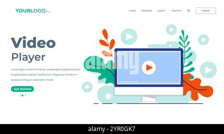Video player screen on desktop computer flat illustration for landing page, UI, mobile app, Education, or e-learning and video tutorial Stock Vector