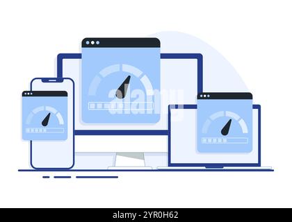 Smartphone, laptop and computer with internet connection speed test on the screen, Internet download speed, and network performance on web page flat i Stock Vector