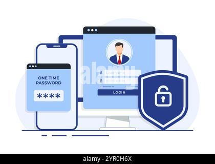 Log in to a website or app using two-step flat illustration concept for landing page, web banner, mobile app, Stock Vector