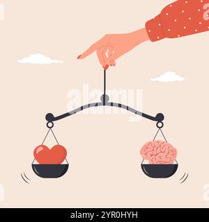 Heart and Brain Balance. Mental and Physical Health concept. Control feeling and emotion. Female hand holding scales. Flat design. Vector illustration Stock Vector