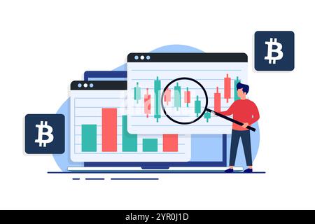 Crypto or stocks market graph and candlestick chart on laptop computer screen, Technical analysis, Trading, Finance concept flat vector illustration Stock Vector