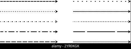 Black straight thin dashed arrow set. Long dotted arrows collection. Doodle sketched pointers and direction lines. Outline stripe element bundle for flyer, poster, brochure, booklet, banner. Vector Stock Vector