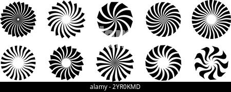 Set of black circle rotating rays and beams. Radial sunburst element pack. Round spinning swirls, stars, wheels and twirls pack. Illustration bundle for banner, badge, sticker, poster, logo. Vector Stock Vector