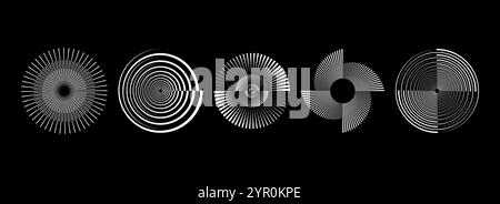 Radial spinning spiral pattern set. Rotating circle sound wave concepts. Circular speed line form collection. Abstract sunburst ray and beam design element for icon, badge, logo, tag, label. Vector Stock Vector