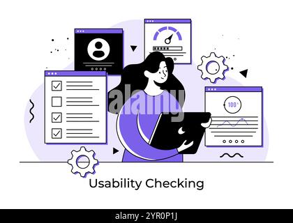 Usability testing flat illustration concept, QA engineering, developer, Tester searching bugs, Website testing, Software optimization process, Beta te Stock Vector