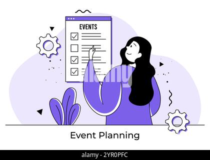 Woman planning schedules, Planning, Scheduling, Time management concept, Organizing business meetings, Daily events, Timetable Stock Vector