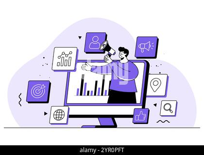 Man standing with megaphone in computer screen, Search result optimization, Business Analysis,  SEO marketing analytics flat vector illustration conce Stock Vector