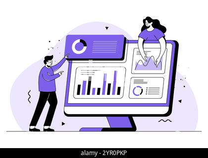 Business people analyzing and monitoring on financial reports and investments dashboard monitor, Business data analytics, SEO analytics optimization, Stock Vector