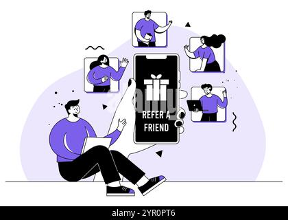 Refer a friend loyalty program flat illustration, Man shout on megaphone, Referral marketing, Friends loyalty program, Promotion method, affiliate par Stock Vector