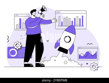 Business startup launch concept flat illustration vector template, Rocket icon, Business strategy, Analytics and brainstorming, Entrepreneurship, busi Stock Vector