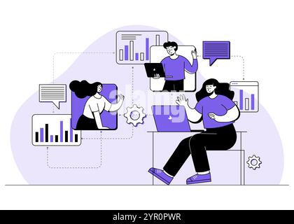 Business people meet online, Female employee speak on video call with coworkers on laptop at home, Video Conference, Team thinking and brainstorming, Stock Vector